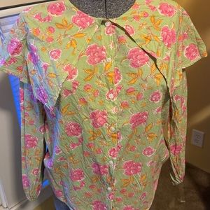 Indian Block Print Cotton Sailor Peter Pan Collar Blouse Like New OS Med